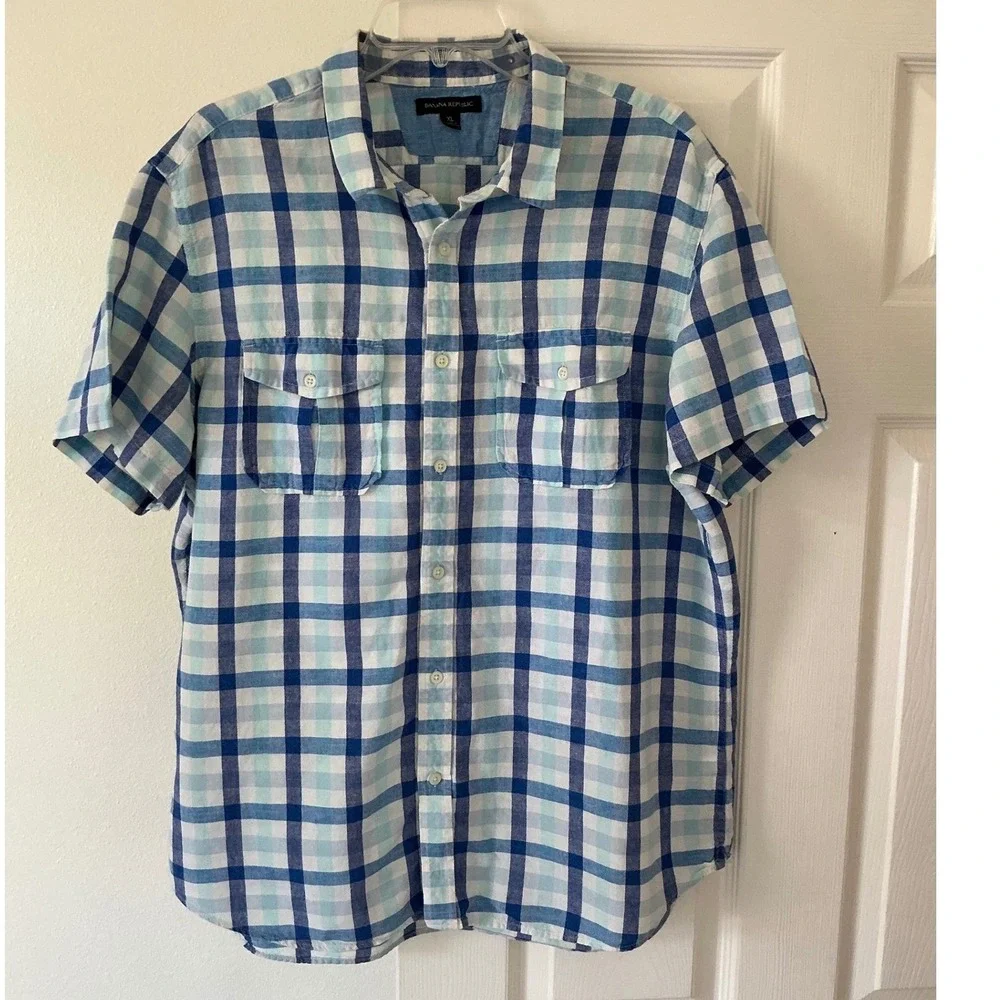 Banana Republic Linen Cotton‎ Plaid Shirt Mens XL Blue Short Sleeve Button Front